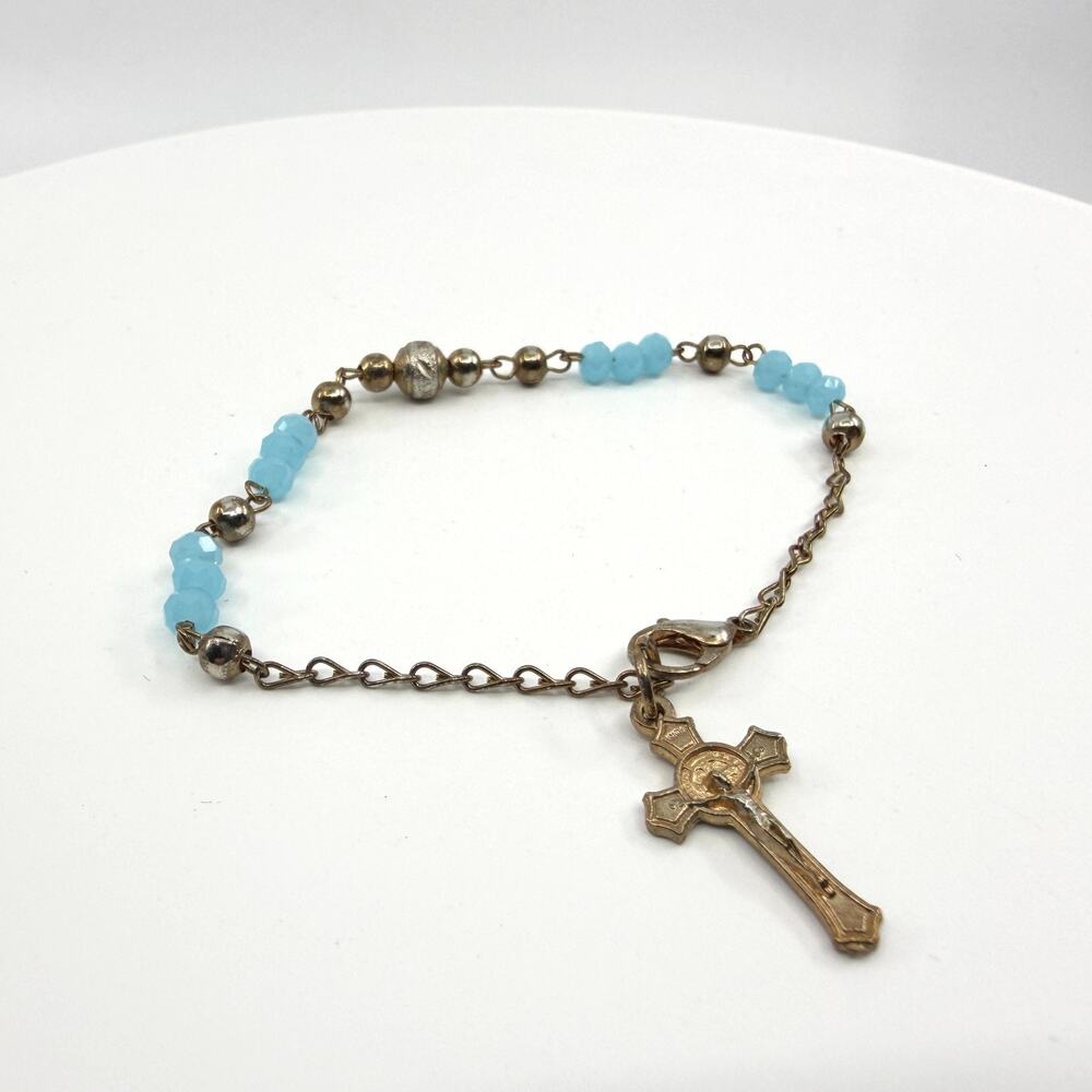 Blue Bead Rosary Bracelet Gold Tone Crucifix Charm Spiritual Gift Accessory 90s